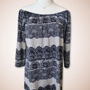 Long Tunic Top - Blue + Cream Lace Design